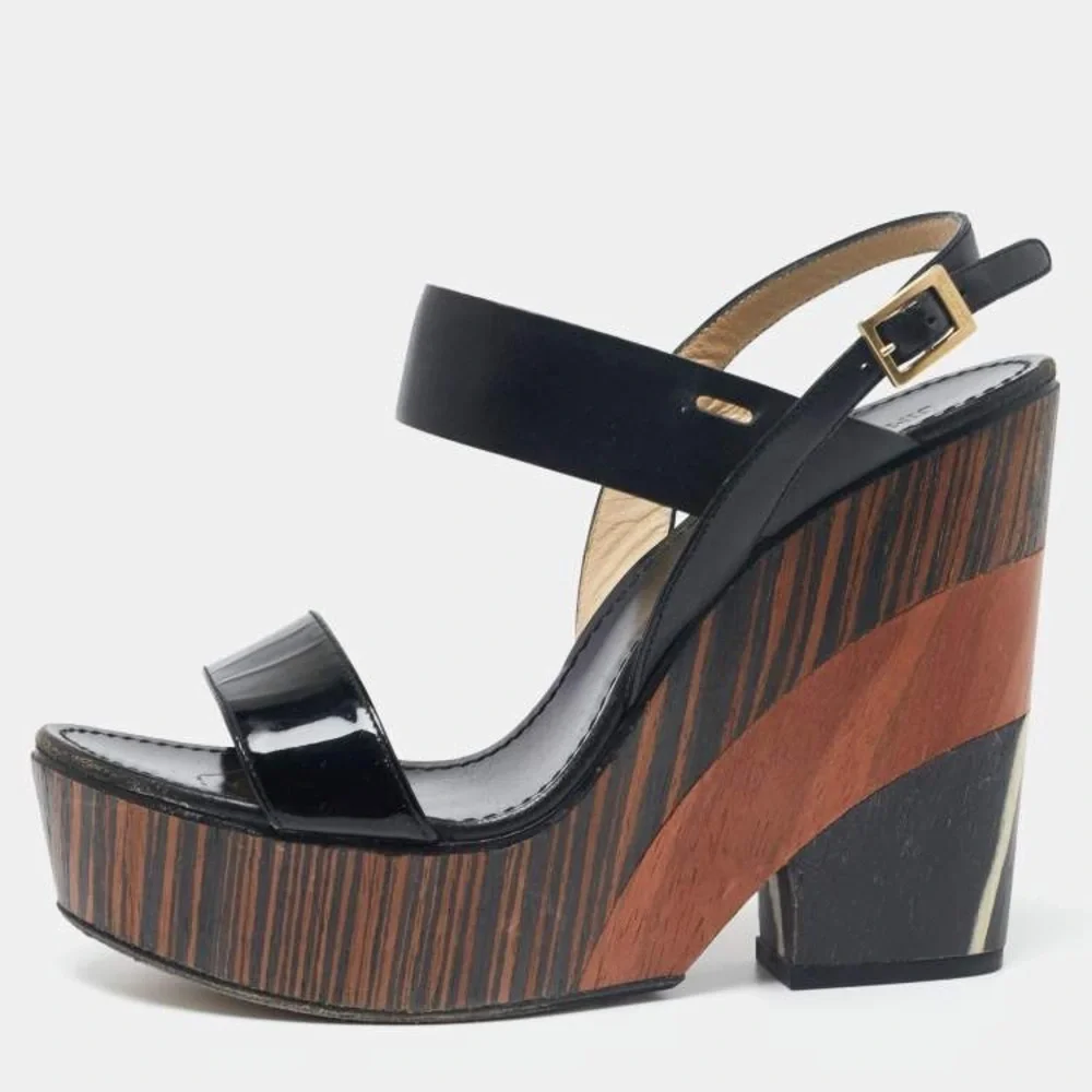 Jimmy Choo Notion Leather and Wood Wedge Sandals Size 36.5